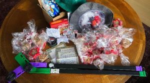 Packages of fun things like Jell-O molds, hockey sticks, a hot chocolate kits to boost your spirits