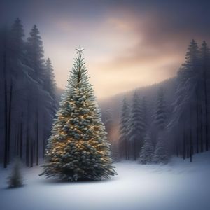 A photo-realistic rendering of a Christmas tree in a snowy field.