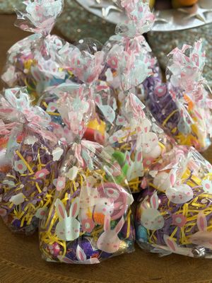Easter treat bags assembled by volunteer bunnies for kids in shelters